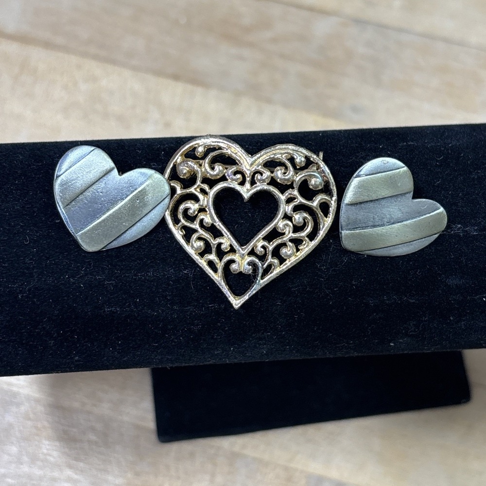 Vintage Heart Brooch Earrings Set Gold Silver Tone Filigree Valentine